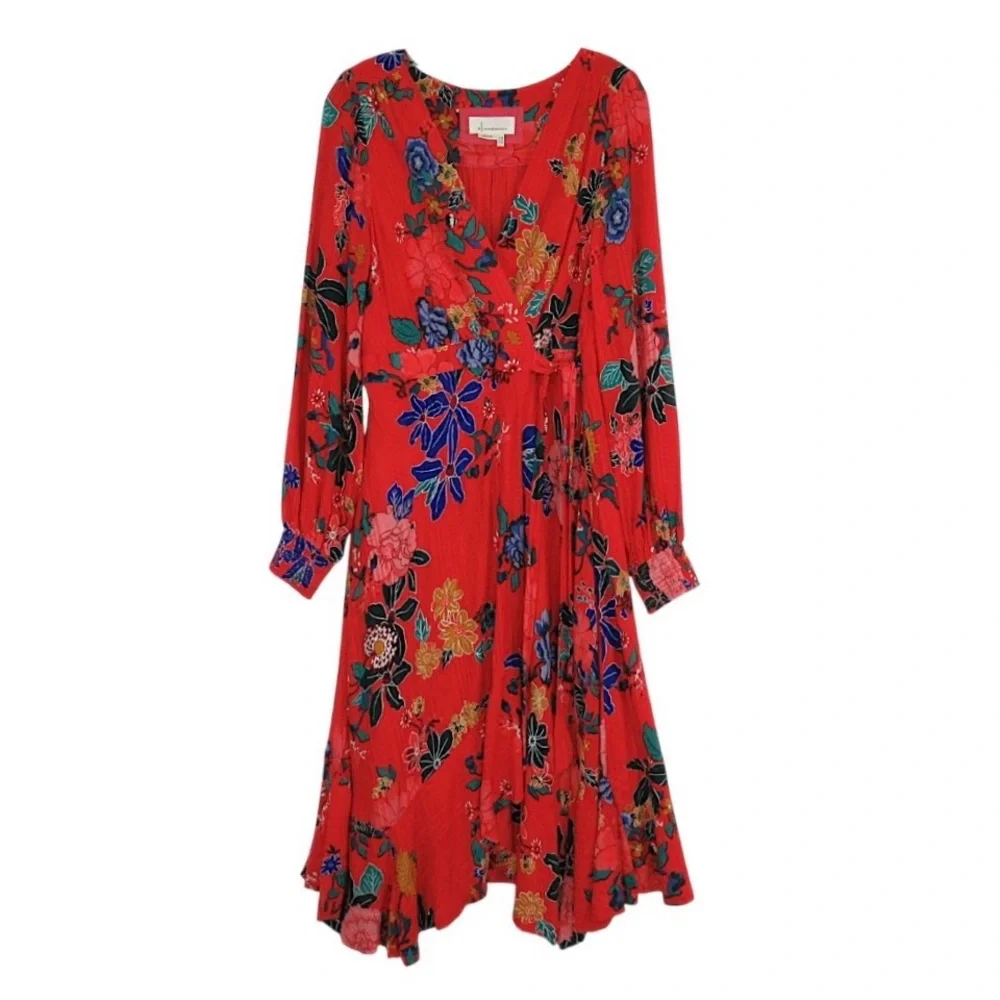 ANTHROPOLOGIE Boswell Red Floral Textured Wrap Tunic Dress Women's Size 12